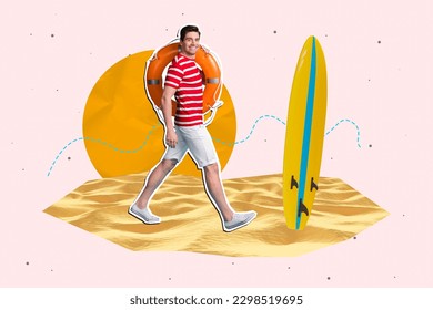 Kreatives Retro-3D-Magazin-Collage-Bild eines lächelnden Rettungsschwimmers, der am Strand arbeitet, isolierter pastellrosa Hintergrund