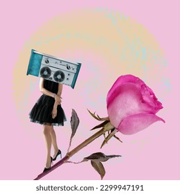 a girl in a retro tape recorder instead of a head on a rose is dancing. Sural modern collage. pink background