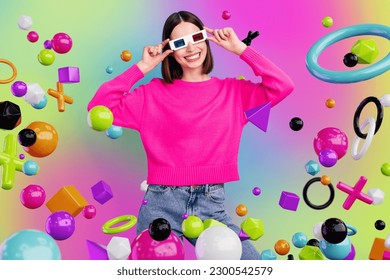Photo colorful collage cartoon comics sketch picture of smiling lady watching 5d movie isolated drawing background