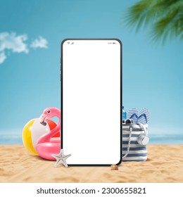 砂浜に空白の画面とビーチアクセサリーを備えたスマートフォン: 夏休みをオンラインで予約する
