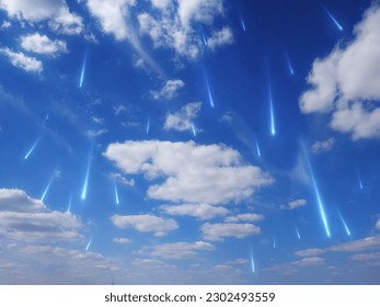 Star rain in the daytime sky. Falling stars on the background of clouds. Beautiful meteor shower, falling meteorites in the light of the sun.