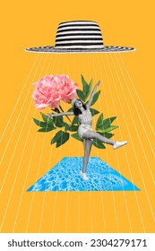 Drawn picture collage of young crazy overjoyed woman dancing looking huge striped sunhat summertime fresh rose isolated on yellow background