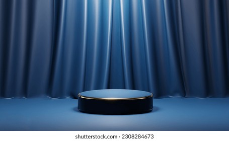 Podium 3D fond bleu et rideau en tissu avec projecteur de luxe
