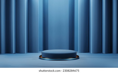 3d podium blue background and fabric curtain with spotlight luxury