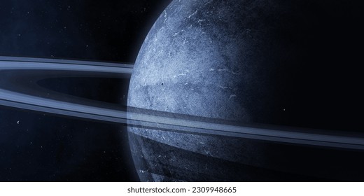 Universe scene with planets, stars and galaxies in outer space showing the beauty of space exploration. Alien planet with planetary rings and its moons. Elements furnished by NASA