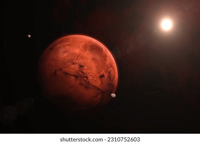 Gyönyörű Mars bolygó az űrből nézve. A Mars, a Phobos, a Deimos és a Nap űrképe. Sci-fi művészet. Nagy felbontású kép. A kép elemei a NASA által.