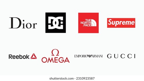 Popular clothing brands logotype. Logo Louis Vuitton, GUCCI, Fendi.  Collection vector logo popular clothing brands. Vector illustration. Stock  Vector
