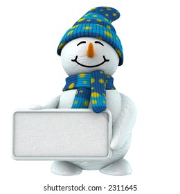3d cute snowman that keep blank sign to put your word or logo