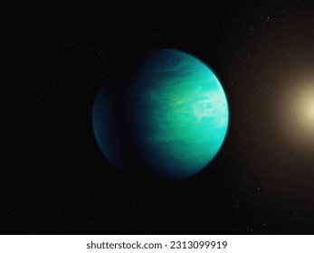 Exoplanet with conditions suitable for life. An extrasolar planet in deep space has an atmosphere and a solid surface. Super-Earth in the habitable zone.
