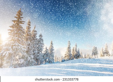 太陽の光に照らされた幻想的な山の風景。劇的な冬景色。カルパティア、ウクライナ、ヨーロッパ。美の世界。レトロなフィルター。Instagram 調色効果。あけましておめでとう！