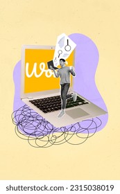 Kreative Collage-Illustration eines jungen SEO-Informationsforschers, der Marketingjob hat, Netbook-Datenanalyse isoliert auf gelbem Hintergrund