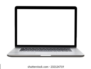 Laptop met leeg scherm geïsoleerd op een witte achtergrond, witte aluminium behuizing.