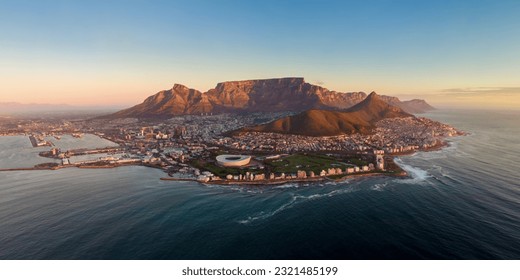 Aerial panoramic view of Cape Town at sunset, Western Cape Province, South Africa.