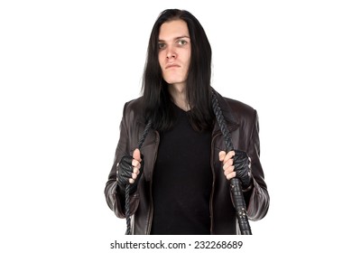 Photo of the young man with the whip on white background