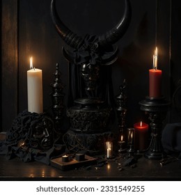 Composição mágica com a cabeça de um demônio com chifres. Vela e outros acessórios rituais