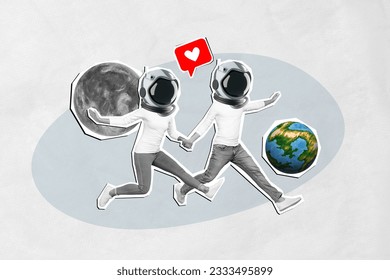 Composite collage image of running couple holding hands cosmos travel moon planet earth cosmic love celebrate anniversary valentine day