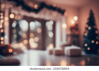 Interior ruang tamu yang indah dan kabur, didekorasi untuk Natal dengan warna cokelat hangat yang nyaman. Pohon Natal, lampu, dan hadiah tidak fokus.