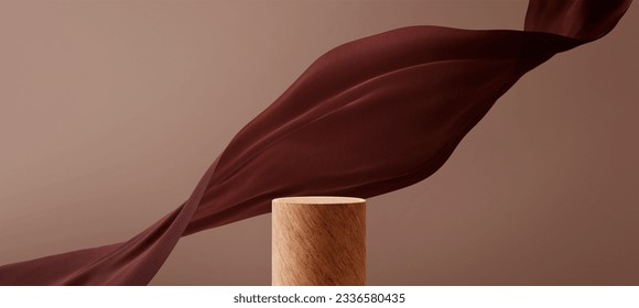 Podium en bois et tissu satiné flottant sur fond marron. Maquette de placement de produit de luxe avec tissu volant. Modèle de plateforme de scène de mode et de beauté haut de gamme.