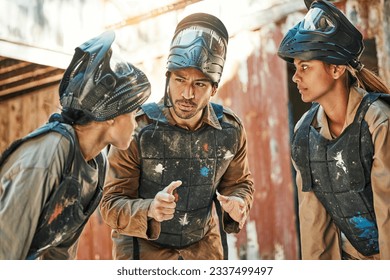Paintball game, team strategy and man explain ideas, training challenge or battlefield conversation, plan or tactical survival. War mission, friends group and talking people listen to battle planning