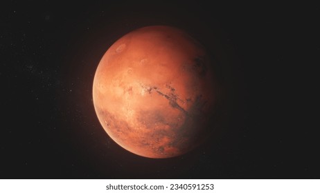 Valósághű 3D-s animáció a sötét világűrben forgó Marsról. Csillagok, galaxisok a háttérben. Naprendszer bolygó. A jövő emberi gyarmatosítása és az univerzum felfedezésének koncepciója. Technológiai fejlődés.