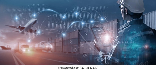 Transport- en logistieknetwerkdistributietechnologieconcept. AI gebruiken in logistiek en supply chain management. Planning met realtime zichtbaarheid en controle over geoptimaliseerde supply chain.
