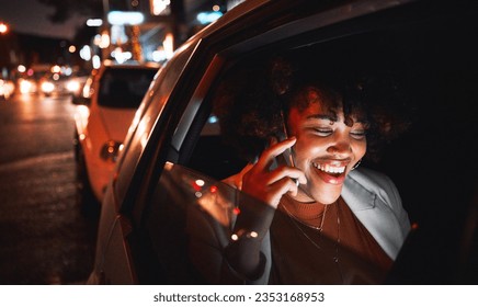 Happy black woman, phone call and travel at night in city taxi for communication, conversation or networking. African female person smile, talking or late evening on mobile smartphone in discussion