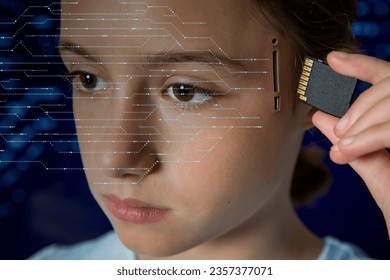 Adolescente conectando cartão de memória SD no slot em sua cabeça. Inteligência artificial, dependência tecnológica e de computador, robótica, atualização de memória, controle mental, computação