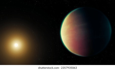 Extrasolar planet with a star. Sunrise over a distant exoplanet. Distant Super-Earth.