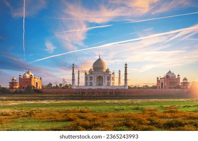Famous Taj Mahal, panoramic view from Mehtab Bagh, India, Agra, Uttar Pradesh