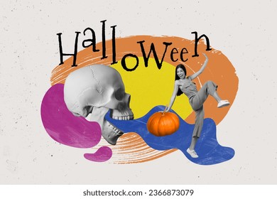 Kolazh revistash i zonjës së pakujdesshme të buzëqeshur që përgatit një sfond vizatimi të izoluar për festën e Halloween