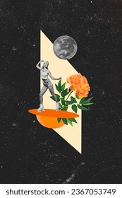 Verticale foto creatieve samengestelde collage van een mooi meisje dat danst in rollen in de buurt van een pioenroosbloem in een ruimte geïsoleerde tekeningachtergrond