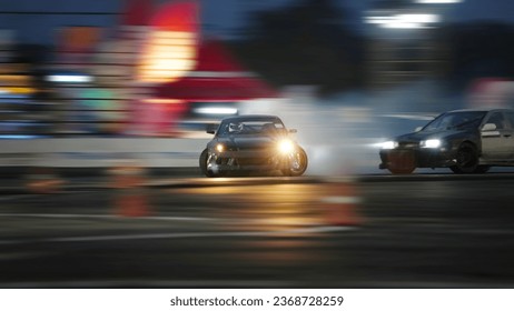 Black body racing sport cars moving slipped on asphalt track with smoke and dark night light speed motion blur.