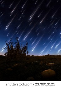 Meteor shower over the field. Bright stream of meteors in the night sky. Evening landscape with falling stars.