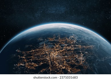 Bandar malam Prague yang indah, Republik Czech dari angkasa. Planet bumi yang menakjubkan dengan lampu kota malam Prague