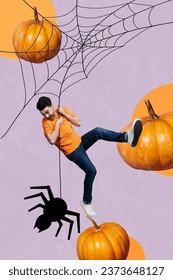 Vertical collage picture of amazed horrified crazy mini guy hold hang big spider web pumpkins isolated on purple background