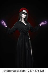 Người phụ nữ trẻ với lớp trang điểm calavera (đầu lâu đường) đang niệm chú. Cô gái phù thủy với lớp sơn muertos (muerte) trong chiếc váy đen. Chủ đề Ngày của người chết (và Halloween)