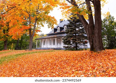 Pretty landscape with patrimonial 19th Century wooden house seen surrounded by trees with colourful foliage in the Fall in the Cap-Rouge area, Quebec City, Quebec, Canada