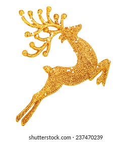 Hermoso juguete de reno dorado aislado en fondo blanco, pequeña decoración de ayudante de Papá Noel, adorno de árbol de Navidad