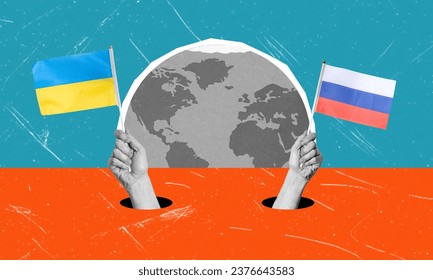 Collage de arte moderno que representa la bandera de Rusia y Ucrania sobre el fondo del planeta Tierra. El concepto de conflicto y resistencia.
