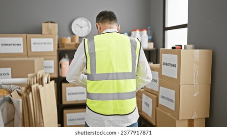 Backwards glimpse at a young, attractive hispanic man with grey hair, wearing volunteer vest in charity center, silently voicing community care  altruistic service.