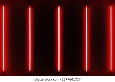 Cinque lampadine al neon rosse su schermo LCD nero, schermo LCD astratto. Spazio libero per il design.