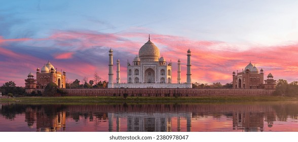 Famous Taj Mahal on sunset, view from the river Yamuna, Agra, India