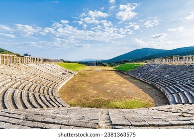 Ancient Greek Stadium in Ancient Messini in Greece. Ancient Messini was founded in 371 BC after the Theban general Epaminondas defeated Sparta at the Battle of Leuctra.