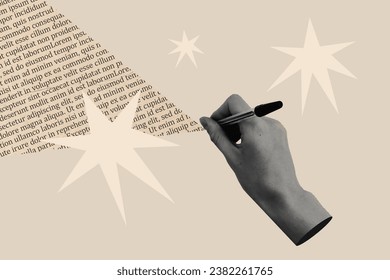 Collage abstract picture image illustration of author hands writing pen new page textbook poetry isolated on beige drawing background