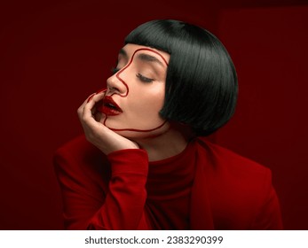 Wanita, riasan merah dan profil seni dengan garis, pemikiran dan ide dengan latar belakang busana, visi dan studio. Gadis, model dan mode kelas atas dengan setelan jas, pola pikir dan cat di wajah untuk kecantikan kosmetik