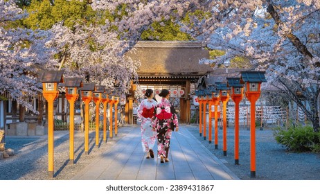 De jeunes femmes japonaises en robe traditionnelle Yukata se promènent près du sanctuaire Hirano-jinja à Kyoto, au Japon, pendant la pleine saison des cerisiers en fleurs