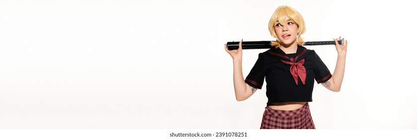 seductive anime style woman in school uniform with baseball bat sticking out tongue on white, banner