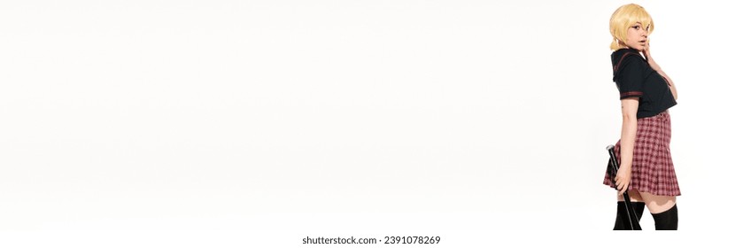expressive anime woman in school uniform with baseball bat and hand near face on white, banner
