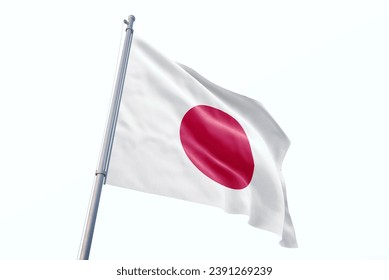 Powiewająca flaga Japonii na białym tle. Flaga Japonii na dzień niepodległości. Symbol państwa na falistej tkaninie.