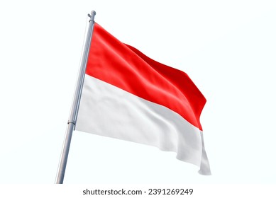 Powiewająca flaga Indonezji na białym tle. Flaga Indonezji na dzień niepodległości. Symbol państwa na falistej tkaninie.